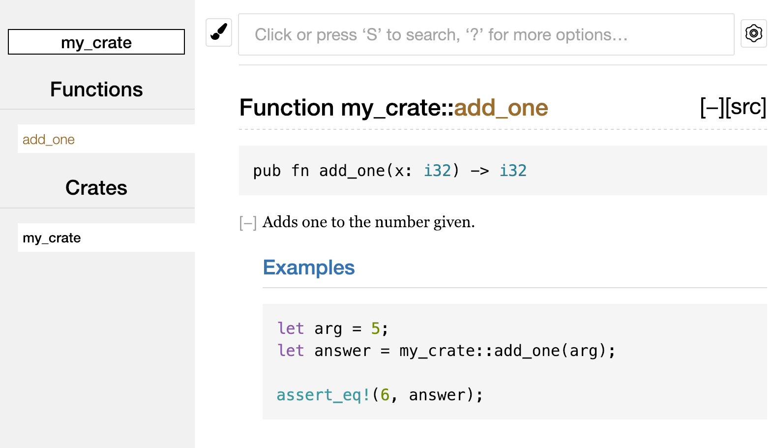 `my_crate`'nin `add_one` fonksiyonu için işlenmiş HTML dokümantasyonu