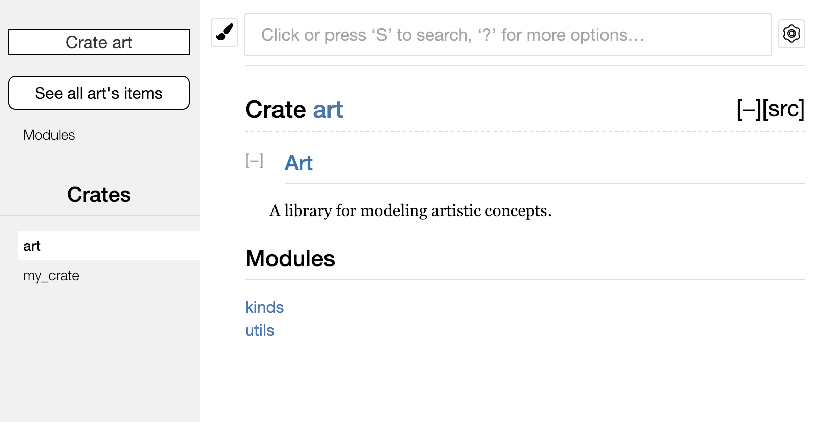 `art` kasası için `kinds` ve `utils` modüllerini listeleyen işlenmiş dokümantasyonlar